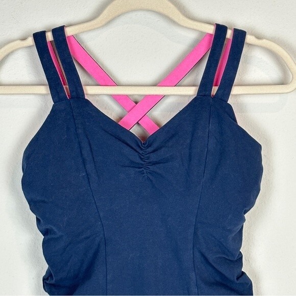 Solow Shirred Cross Back Strap Yoga Tank Top Navy M - Picture 4 of 6